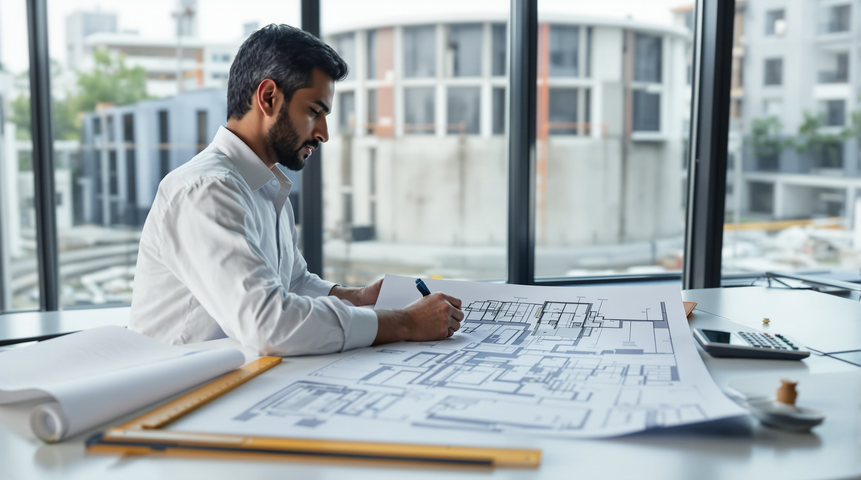 Indian design engineer studying detailed sewage treatment plant process drawings at a drafting desk beside a partially built aeration tank