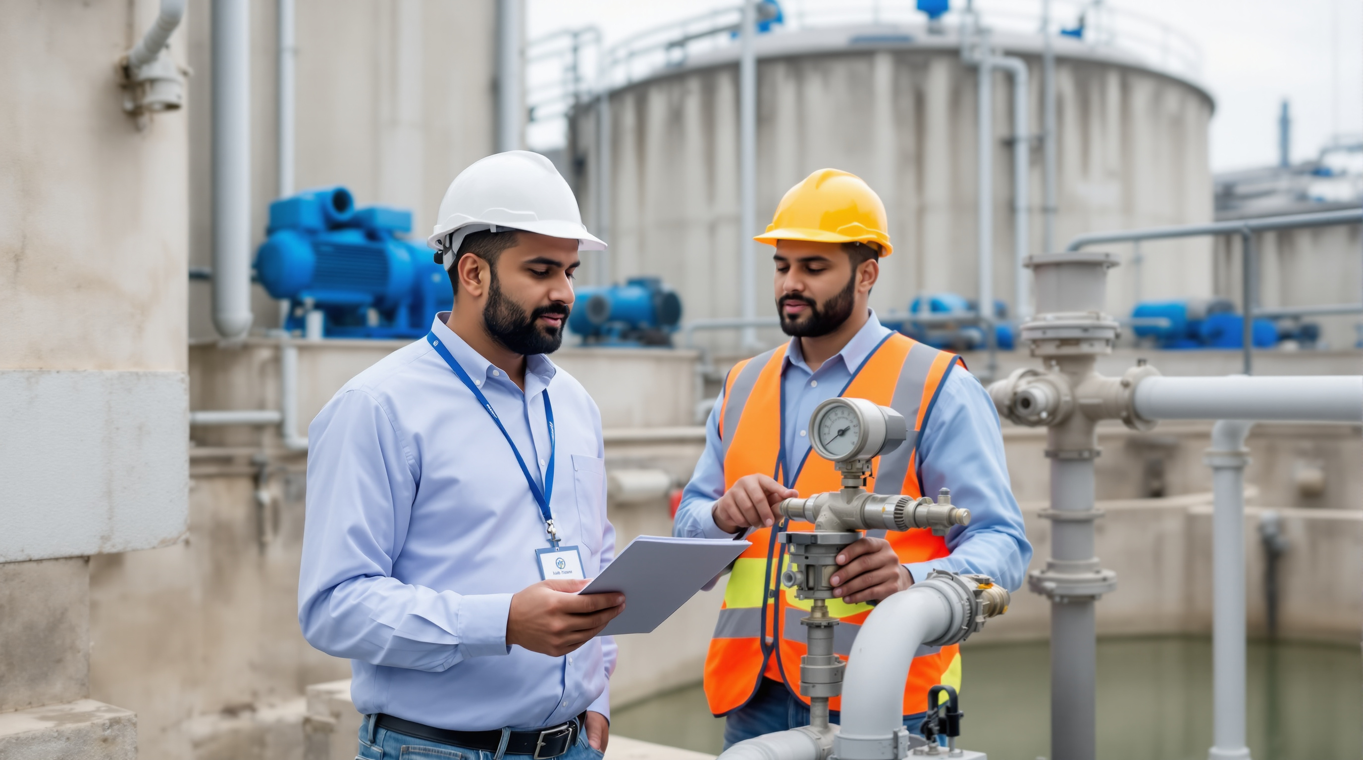An Indian pollution-board inspector and a facility engineer examining flow meters and sampling points at a sewage treatment plant during a consent inspection