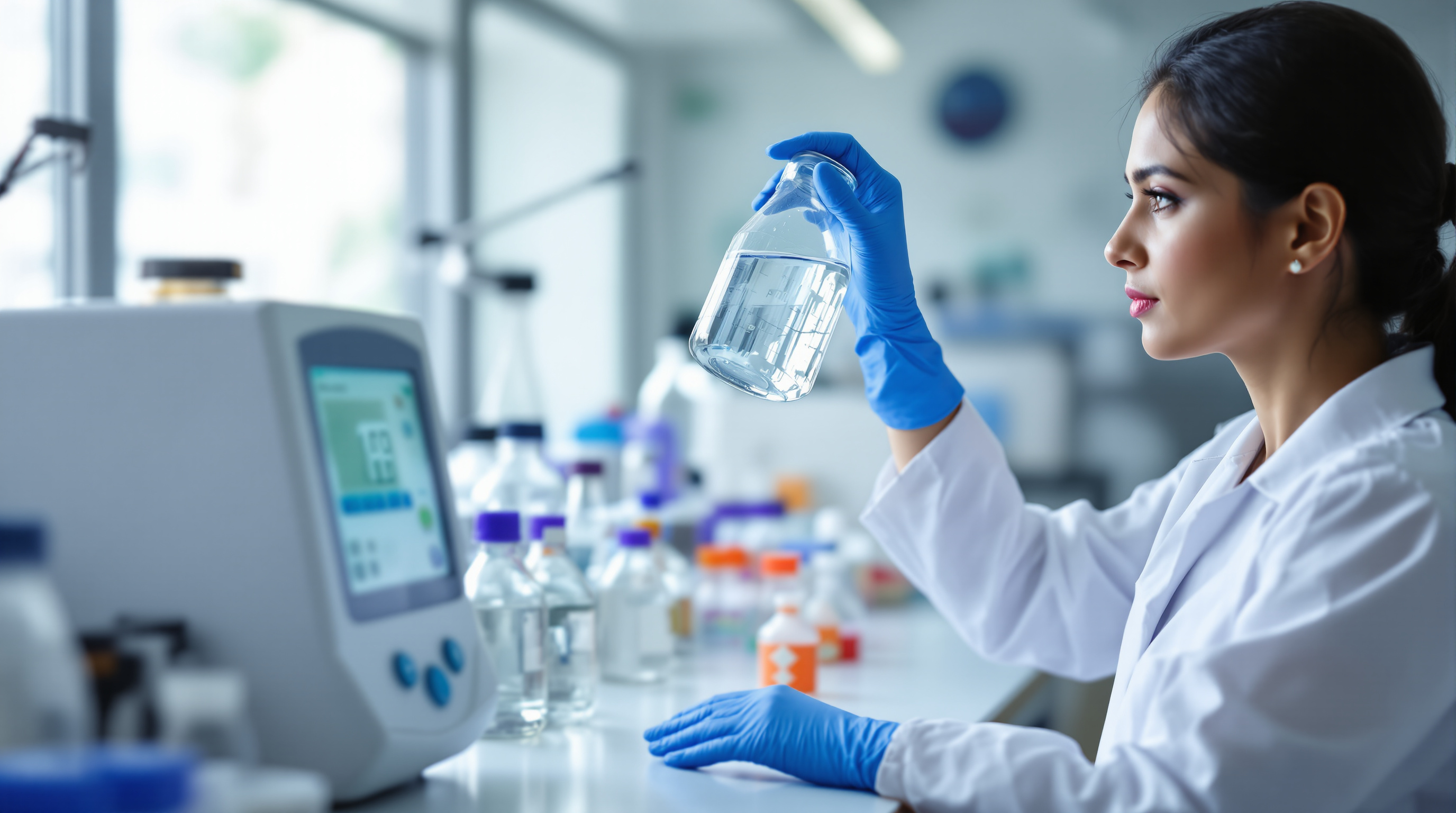 An Indian laboratory technician testing a clear treated-water sample from a sewage treatment plant with lab glassware and instruments