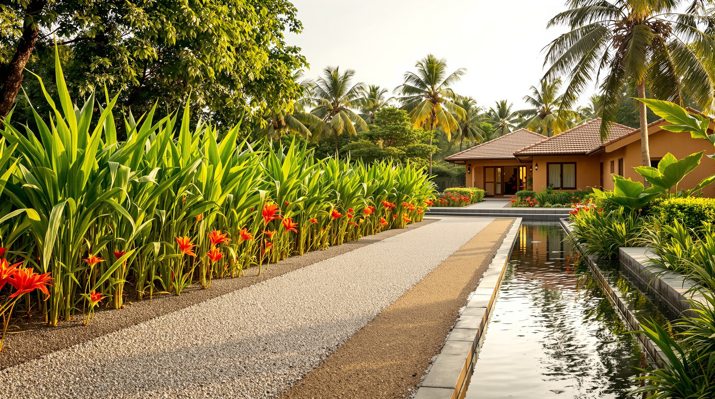 A landscaped subsurface reed bed of tall green reeds and flowering canna beside an eco-resort building in India, looking like a garden water feature rather than a treatment plant