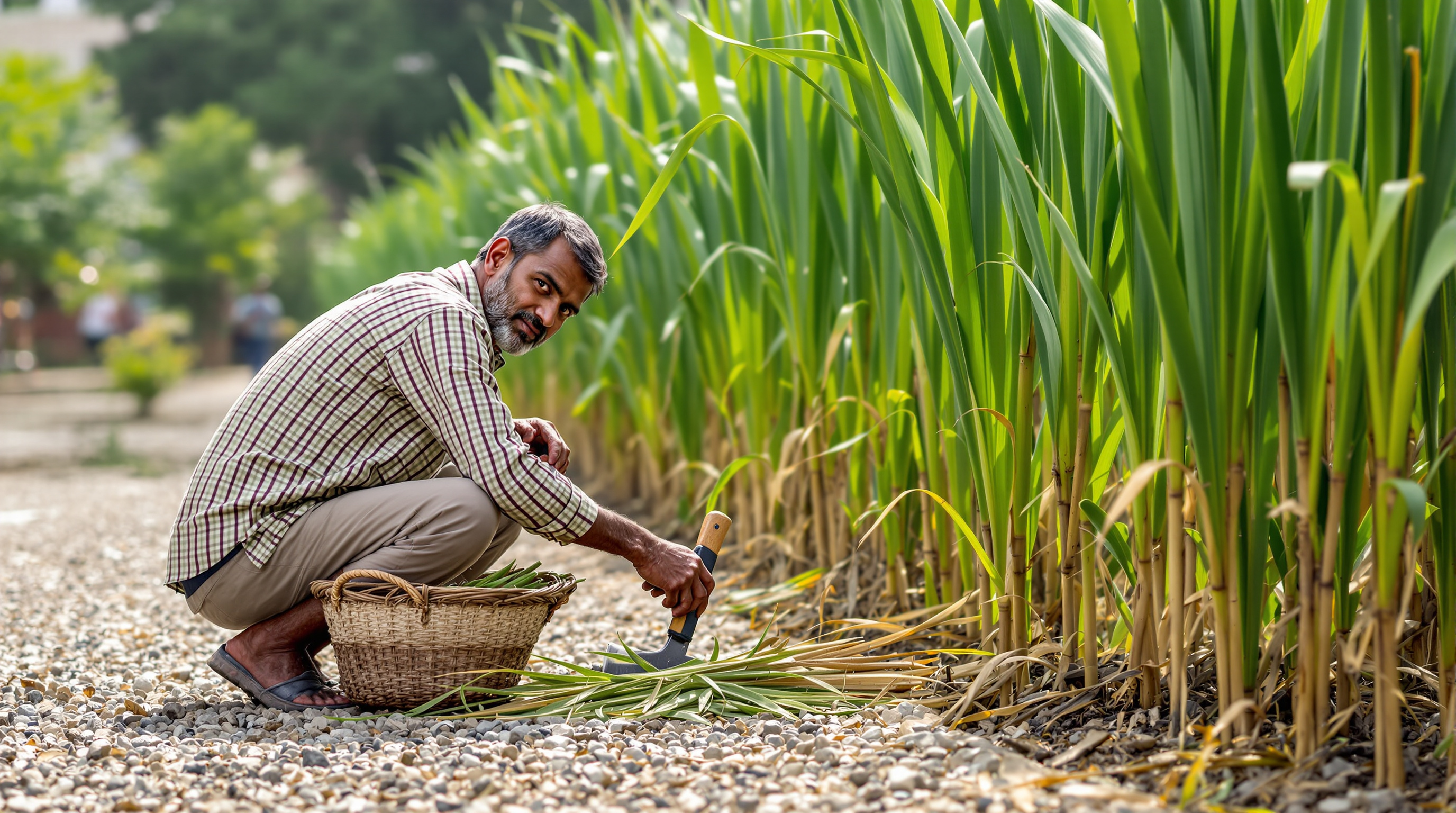 An Indian gardener in simple work clothes tending and harvesting reeds on a constructed wetland bed with basic hand tools, illustrating low-skill low-energy maintenance