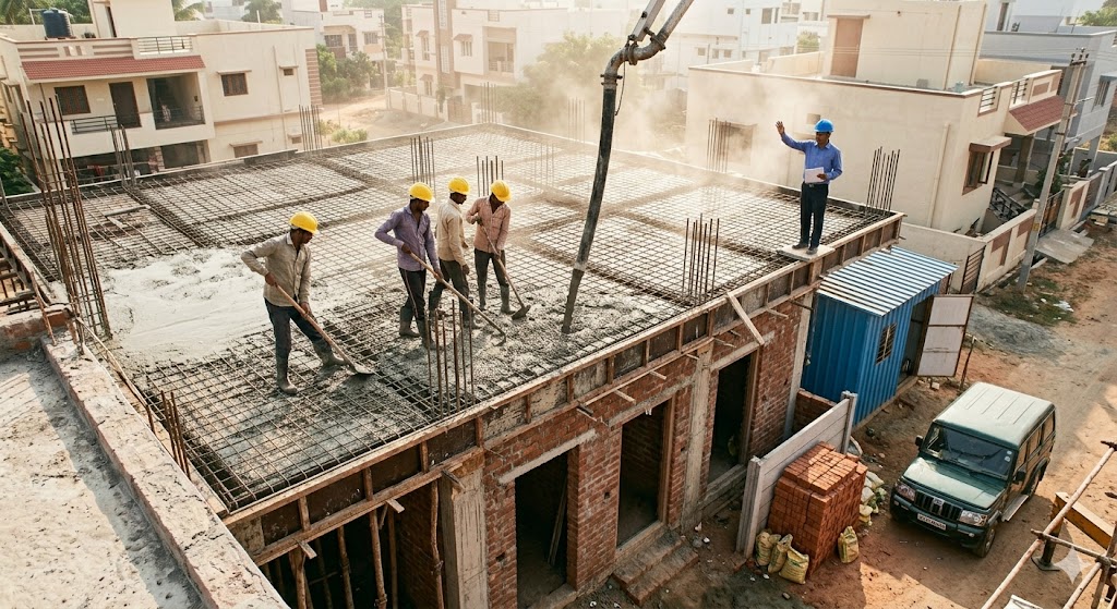Wide-angle action photograph of an Indian residential construction site mid-concrete-pour for a first-floor slab, four workers in helmets and gum boots actively spreading freshly poured grey concrete with shovels and tamping rods across the formwork on top of a complex grid of steel reinforcement bars visible underneath, a concrete pump arm extending into the frame from the right edge delivering wet mix, a site engineer in a white hard hat at the corner directing the pour with raised hand, dust and slight haze from cement powder visible in the air, surrounding RCC columns rising up from the slab level, ground floor masonry walls visible below, late morning Indian sun, vibrant working-site atmosphere — RCC structure absorbs roughly 30% of total construction cost on a typical mid-spec build