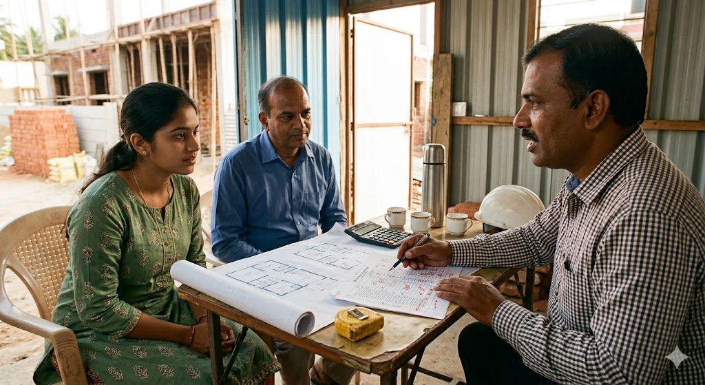 Medium close-up photograph of a young Indian female homeowner in a green kurta and a male homeowner in a blue shirt seated across a small table from a Bengaluru construction contractor in a checked shirt at a construction site office, the table has rolled architectural drawings, a marked-up printed BOQ with red pen annotations, a calculator, a thermos of chai with three white ceramic cups, a hard hat on the corner, and a yellow measuring tape, the contractor pointing to a specific line on the BOQ while explaining a cost figure, natural diffused daylight from an open doorway behind, partial view of the RCC frame in the background