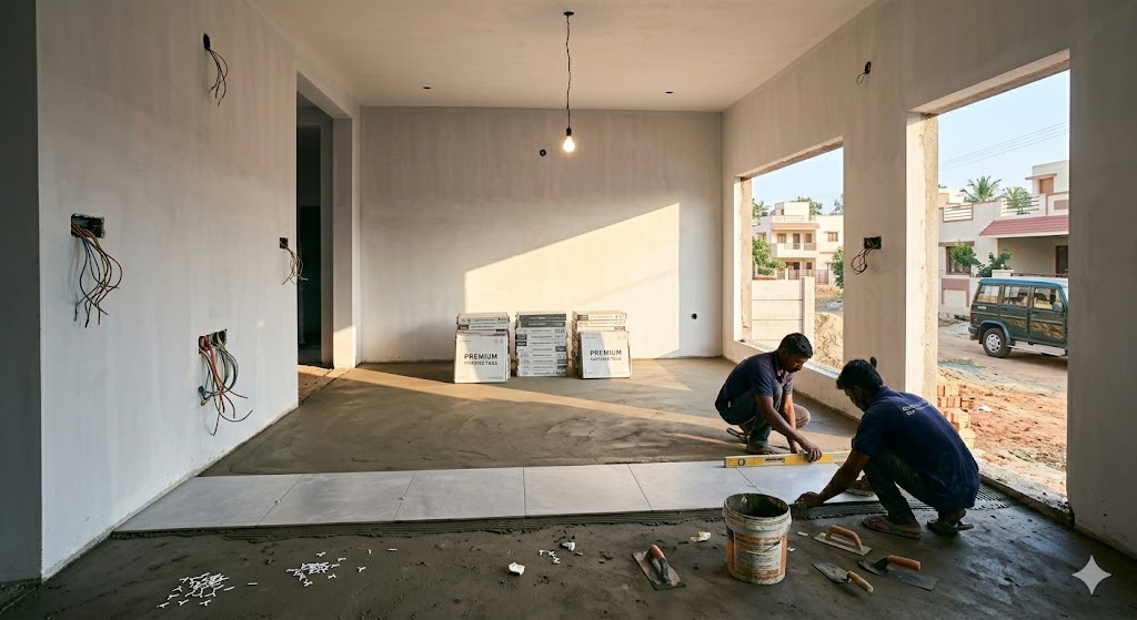 Wide-angle interior photograph of a nearly-complete Indian independent house in the finishing phase, the living room of a 2400 sft home with the freshly poured cement floor visible awaiting vitrified tile installation, exposed electrical conduits hanging out of the walls near the future TV unit position, freshly plastered walls with a primer coat in light grey, a single bare bulb on a hanging wire providing afternoon work light, two Indian tilers in dark blue shirts kneeling on the floor laying a row of large light grey vitrified tiles with adhesive trowel and spirit level, stacked tile boxes against the back wall, sunlight streaming in through the future window opening that has no frame yet, optimistic mid-finishing-phase mood