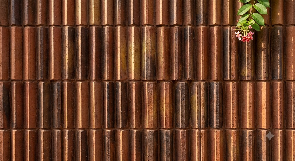 Close-up architectural detail photograph of a fluted custom-fired clay brick screen wall on a contemporary Indian house facade showing the vertical ribbed profile of the bricks catching morning grazing light from the right approximately sixty by eighty centimetres of wall area visible with individual bricks revealed at full size showing the natural variation of fired clay tones from terracotta-red through deep brown to ochre, mortar joints raked flush, light shadow patterns from the flutes creating a strong vertical rhythm across the wall, with a single climbing madhumalti creeper emerging at the top corner with two green leaves and one pink blossom touching the upper brick course in late-morning warm light from the right side