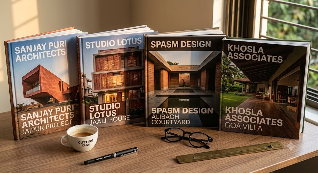A book stack on an architect's desk showing four open books spread side by side displaying contemporary Indian house photographs — Sanjay Puri's red sandstone cantilever house at left Studio Lotus' terracotta jaali project second SPASM's earthen-palette courtyard house third and Khosla Associates' tropical modernist verandah villa fourth — alongside a small cup of cutting chai a black uniball pen and a pair of round black-framed reading glasses lit by warm late-afternoon side light from a window beyond