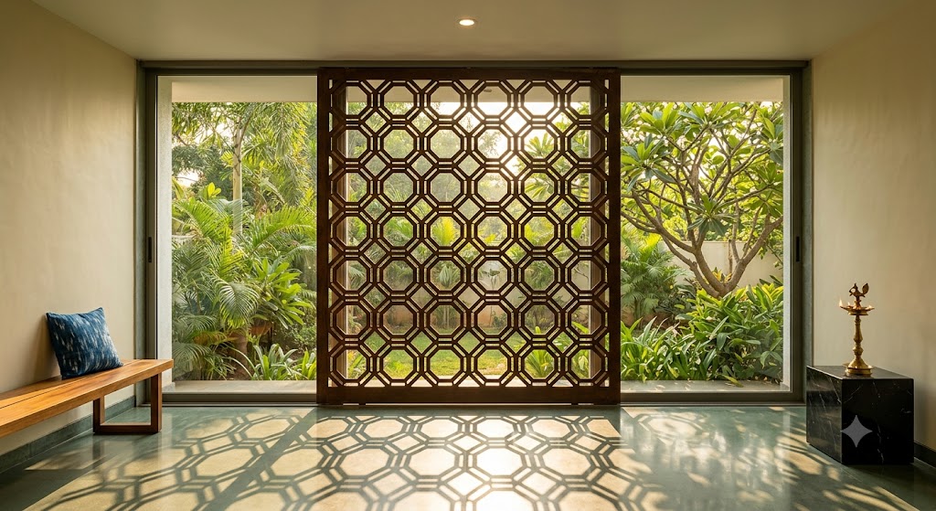 Interior photograph from inside a contemporary Indian house looking out through a custom CNC-cut steel jaali screen toward a partially-glimpsed garden beyond — the eight by six foot jaali screen as the main subject showing a contemporary geometric pattern of overlapping octagons in three millimetre corten steel mounted as a sliding screen on a steel track in front of a full-height ground-floor window with the late-afternoon four pm Indian sun coming through the perforations casting a sharp geometric pattern of light and shadow across the polished kota stone floor in the foreground, a low teak bench with one blue ikat cushion to the left of the frame, a single brass diya on a black marble side table at right and a glimpse of green garden plants visible through the jaali pattern