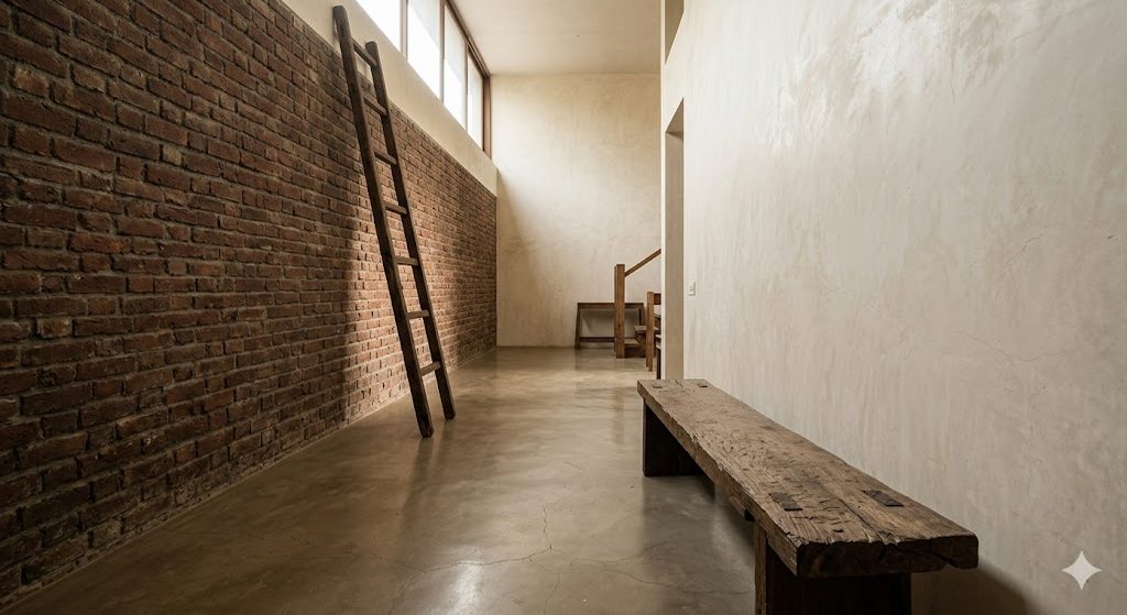 Contemporary Indian residential interior in the Studio Mumbai craft tradition: a double-height living space with an exposed reclaimed-brick wall, lime-plastered surfaces, and a polished IPS floor in warm grey; reclaimed Burma teak elements; the joints and finishes show the hand