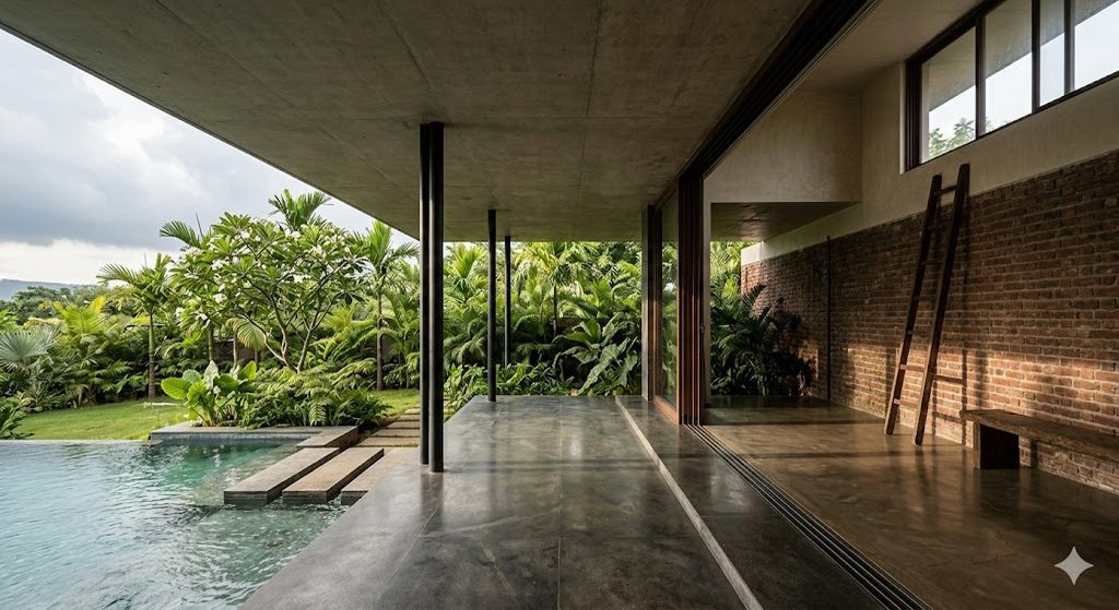 Contemporary Indian residence in the tropical-modernism tradition: a deep cantilevered verandah extending into a tropical garden, full-height sliding glass dissolving the threshold between interior and exterior, polished Kota-stone floor running continuously from inside to outside, late-afternoon monsoon light