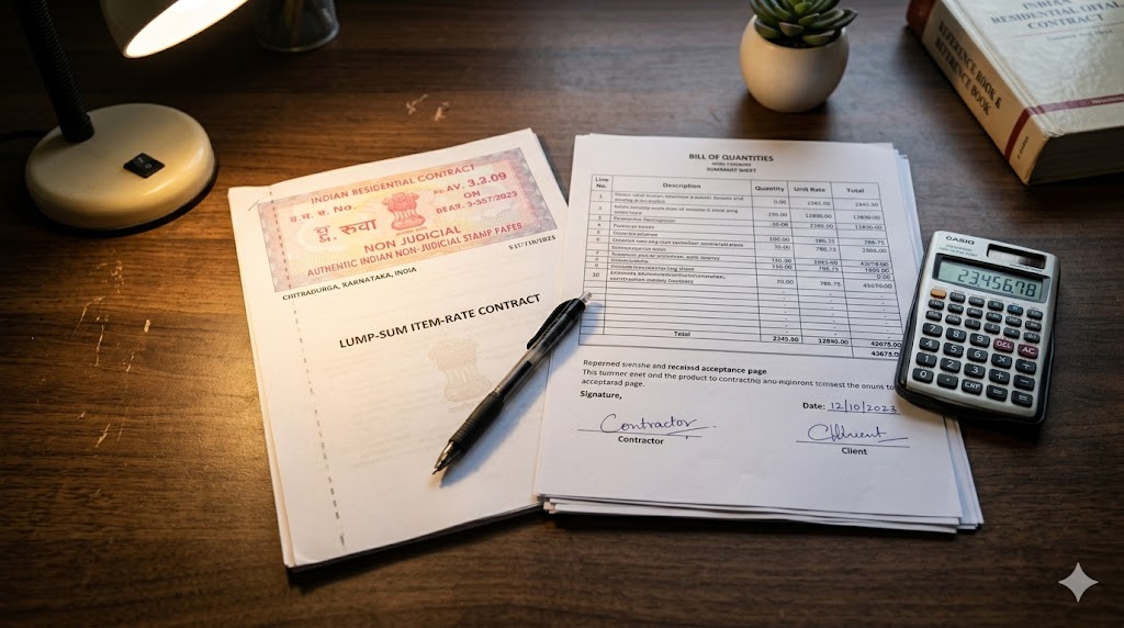 Stacked construction-contract documents on a desk — title page of an item-rate contract with India Non-Judicial Stamp Paper visible, BOQ summary sheet, signed acceptance page, and a calculator beside the stack
