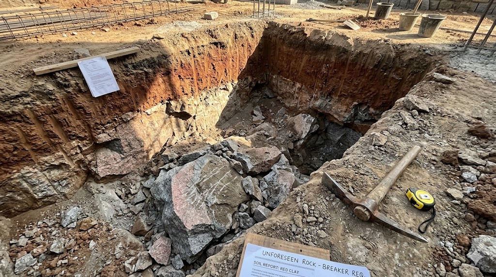 Foundation excavation revealing unexpected rock or hard soil — a classic site-condition contingency trigger requiring rate adjustment or owner-paid extra work