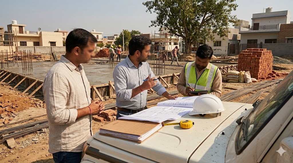 Construction site at the foundation stage — an architect, owner, and site engineer reviewing drawings on the bonnet of a vehicle parked beside a freshly-poured RCC raft, contract folder visible