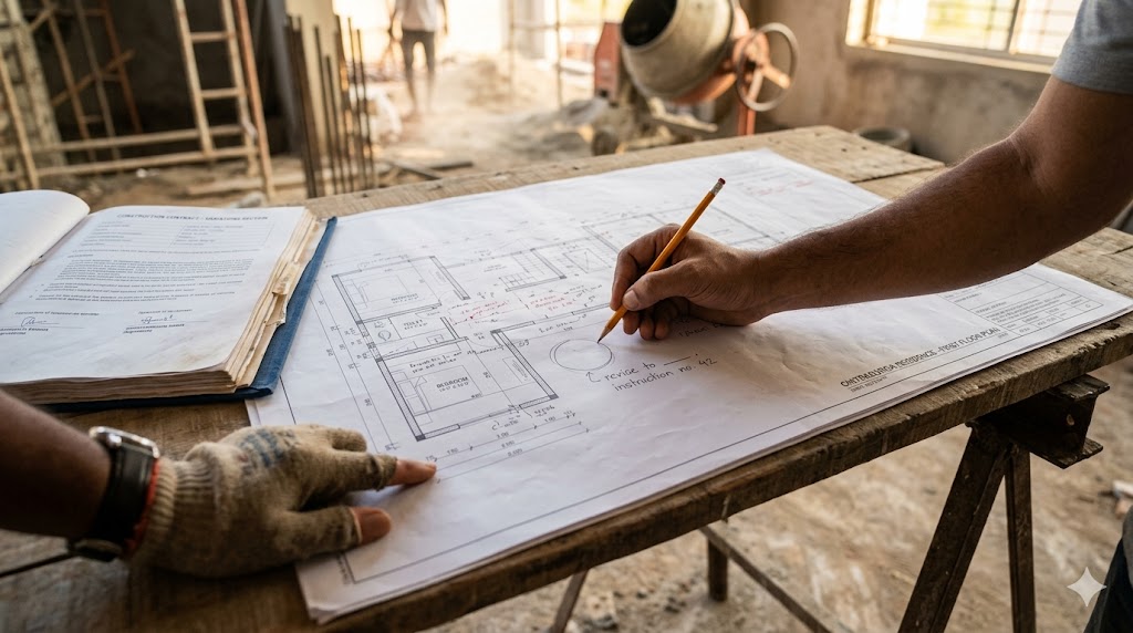Architect on site marking up a working drawing during a variation discussion — pencil notes on a printed plan, contractor's representative observing, contract folder open on a table