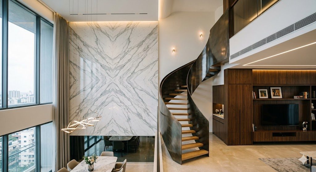 A genuinely luxurious Indian metro apartment interior — book-matched stone feature wall, bespoke veneer joinery, layered designer lighting and a sculptural staircase, documentary interior photograph