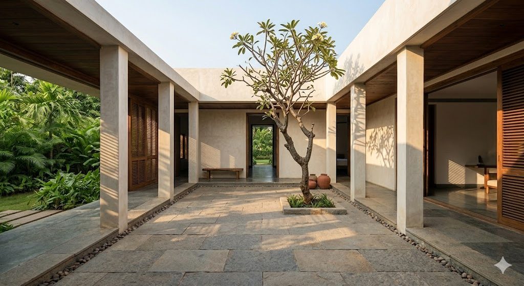 Contemporary Indian courtyard home in the Studio Mumbai or Anagram tradition: open-to-sky stone-paved courtyard surrounded by lime-plastered walls; a single frangipani tree at the centre; full-height sliding shutters opening rooms onto the court; late-afternoon shadow play