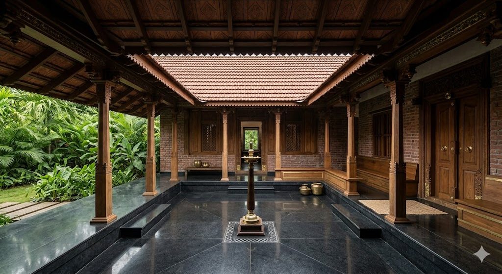 Traditional Kerala nalukettu central courtyard with sloped clay-tile roofs facing inward on four sides, polished black-stone floor, an oil lamp pillar at centre, brass-and-timber detailing, soft monsoon daylight raking across the court