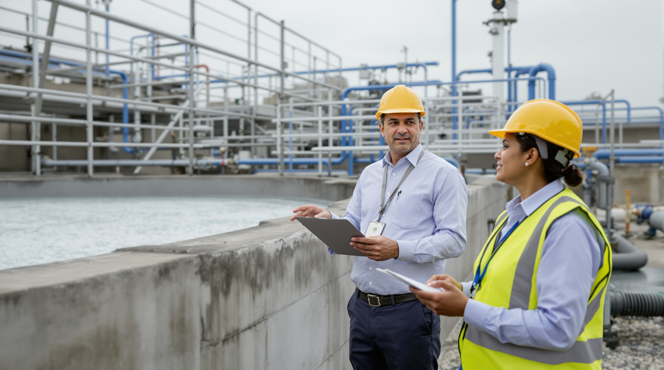 An Indian State Pollution Control Board official inspecting a sewage treatment plant and reviewing consent documents on a clipboard beside aeration tanks