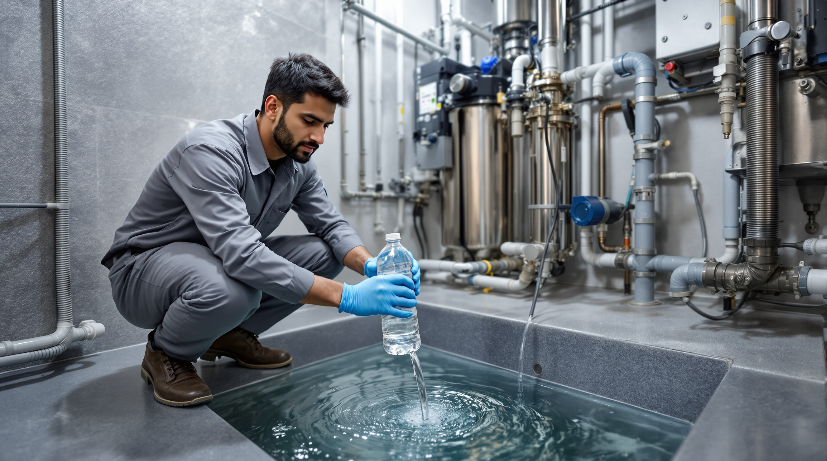 An Indian technician sampling clear treated water in a clean bottle at the outlet of a compact apartment-basement sewage treatment plant with filtration and disinfection units