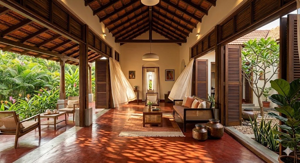 Contemporary tropical-modern Indian living space with full-height operable louvre doors open on opposite walls, a deep verandah on one side and a courtyard glimpse on the other, indoor planting, late-afternoon breeze lifting light curtains — illustrating the room-depth and dual-aperture rules that govern effective cross-ventilation