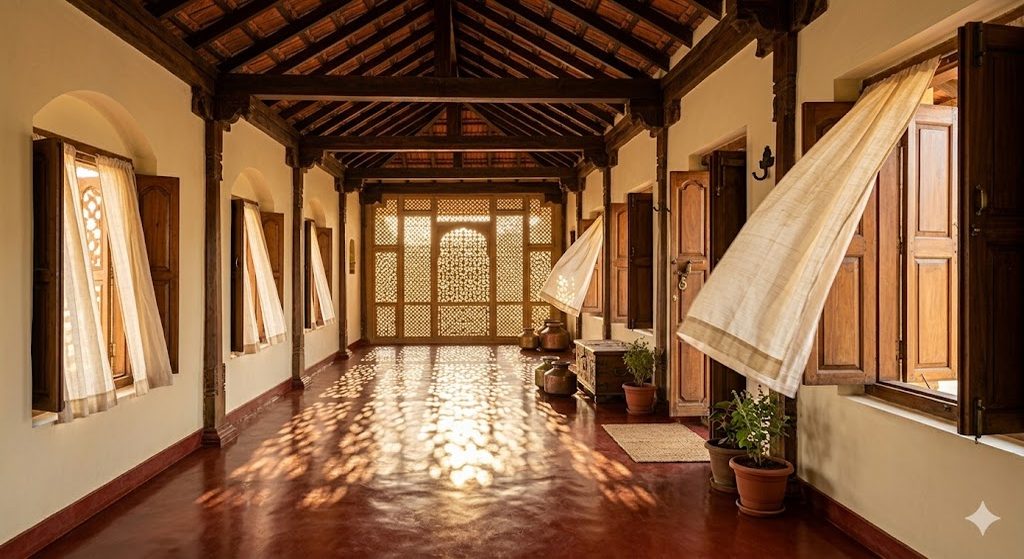 Traditional Indian house corridor with windows open on opposite walls, a carved jali screen filtering light at one end, a lightweight cotton curtain lifted by visible breeze, polished oxide floor showing sunlight pattern, terracotta tile roof above — illustrating the dual-aperture vernacular cross-ventilation logic