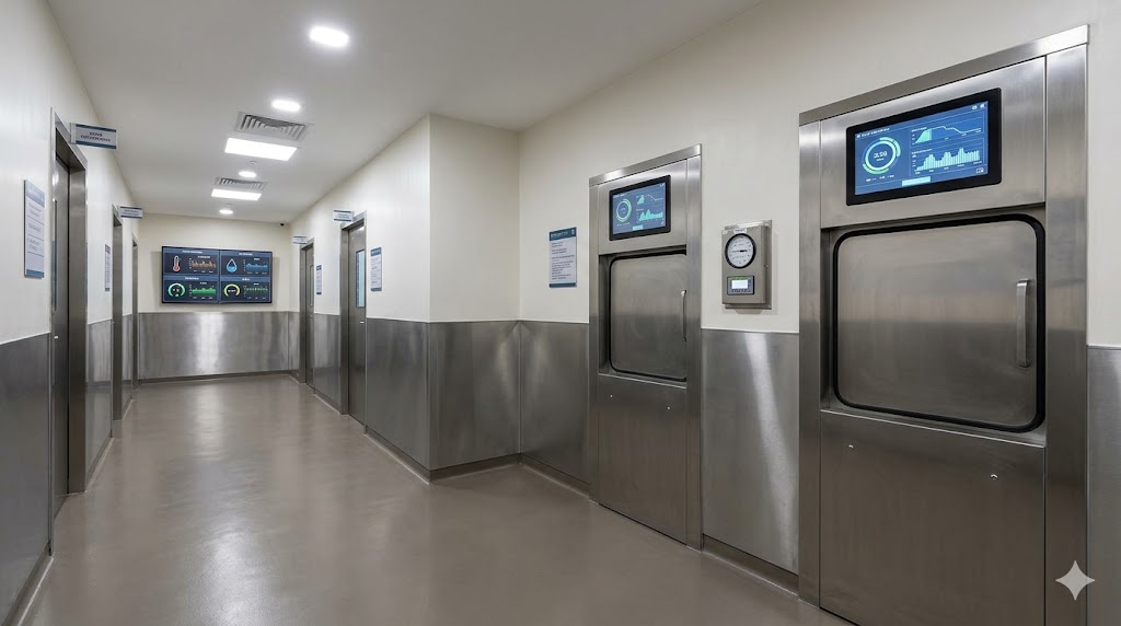 CSSD service corridor — pass-through autoclave doors and pressure-differential manometer marking the dirty-clean boundary