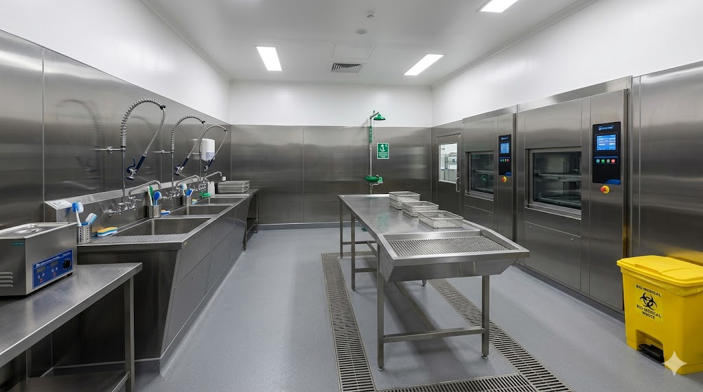 CSSD decontamination zone — 3-bay sink, pass-through washer-disinfectors, stainless steel walls, sloped floor drainage