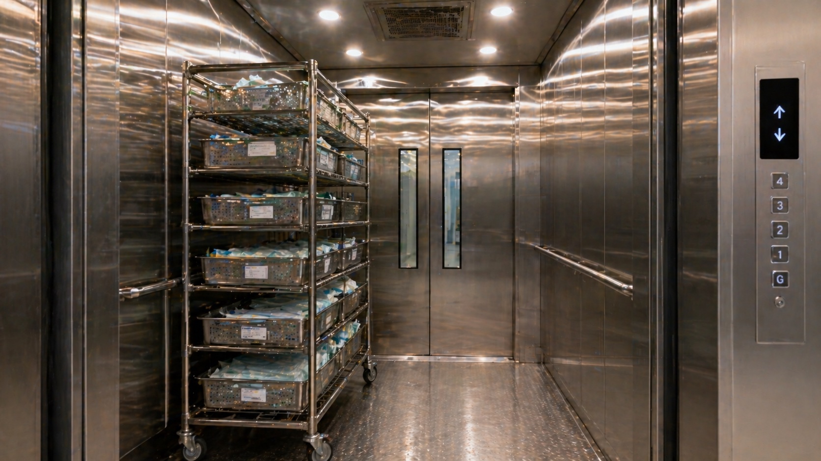 Dedicated sterile-cassette lift cabin — stainless-clad, sized for full sterile racks, never shared with patient or visitor lifts