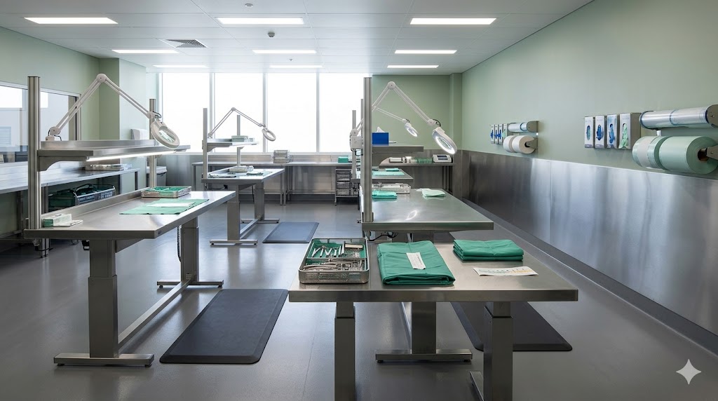 CSSD packing zone — adjustable-height stainless benches, magnifier stations, anti-fatigue mats, daylight