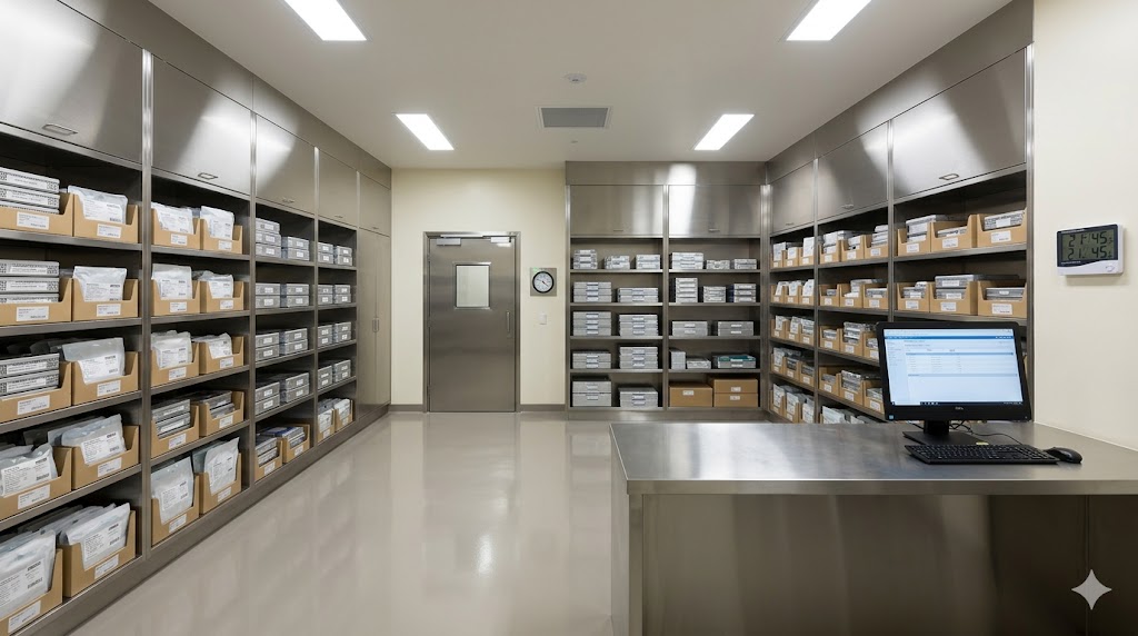 CSSD sterile storage room — closed-cabinet stainless shelving FIFO-stocked, positive-pressure climate-controlled, issue counter