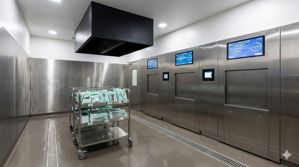 CSSD sterilizer aisle — three pass-through steam autoclaves with cycle-status displays and ceiling heat-exhaust hood