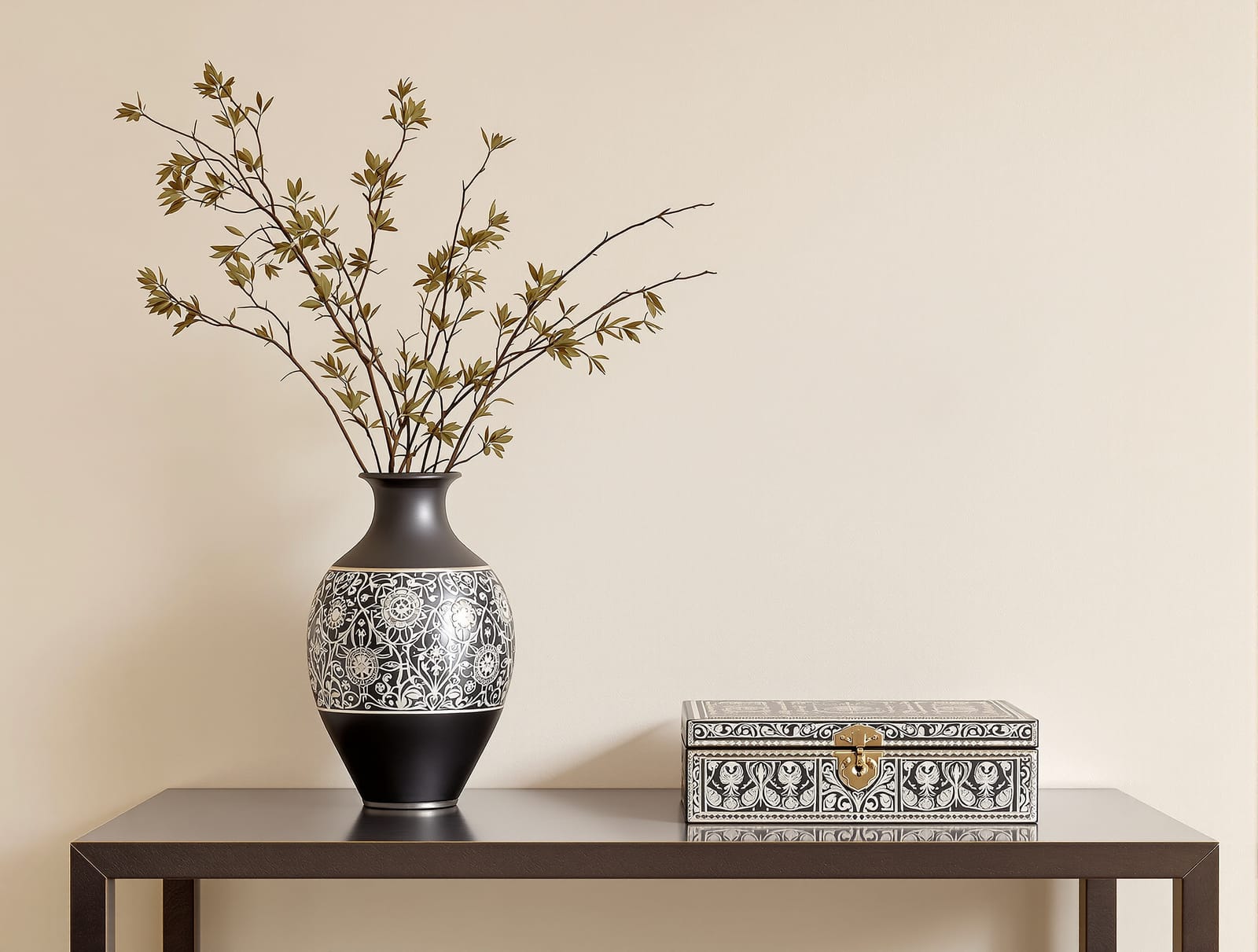 Bidriware black metal objects with silver inlay, a Bidar craft