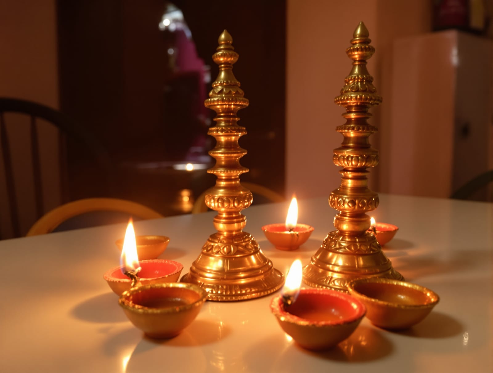 Traditional Indian brass oil lamps with glowing flames in an Indian home