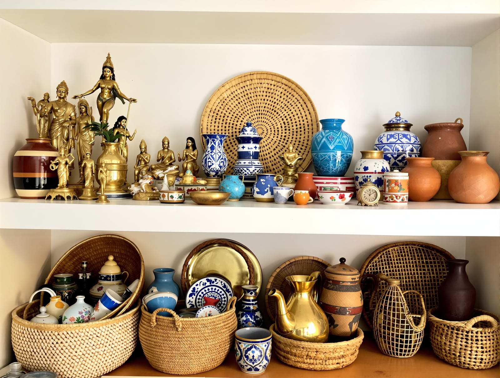 A shelf of mixed traditional Indian handicrafts