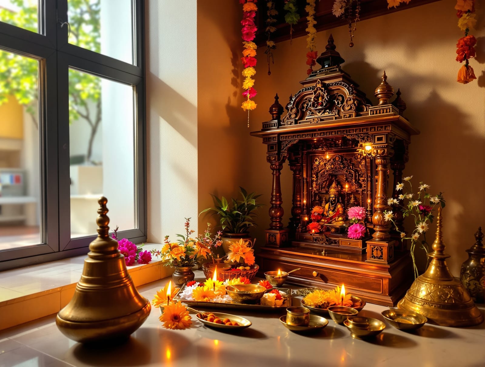 A serene Indian pooja corner with mandir, brass lamps and bell