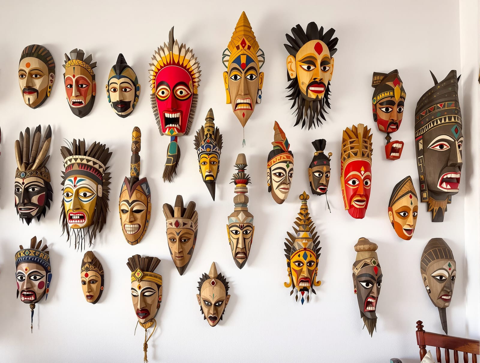 Traditional Indian tribal wooden masks as a gallery wall