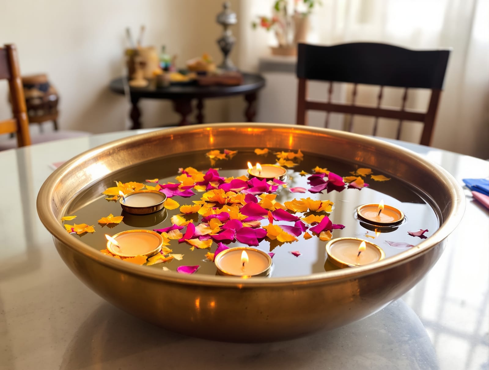 A brass urli bowl with floating flowers and tealights in an Indian home