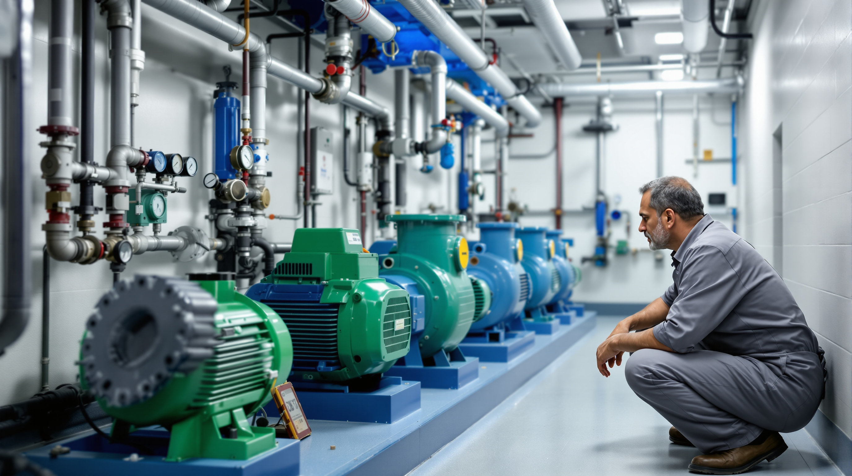 An Indian facility technician inspecting a row of pumps and blowers in an STP plant room