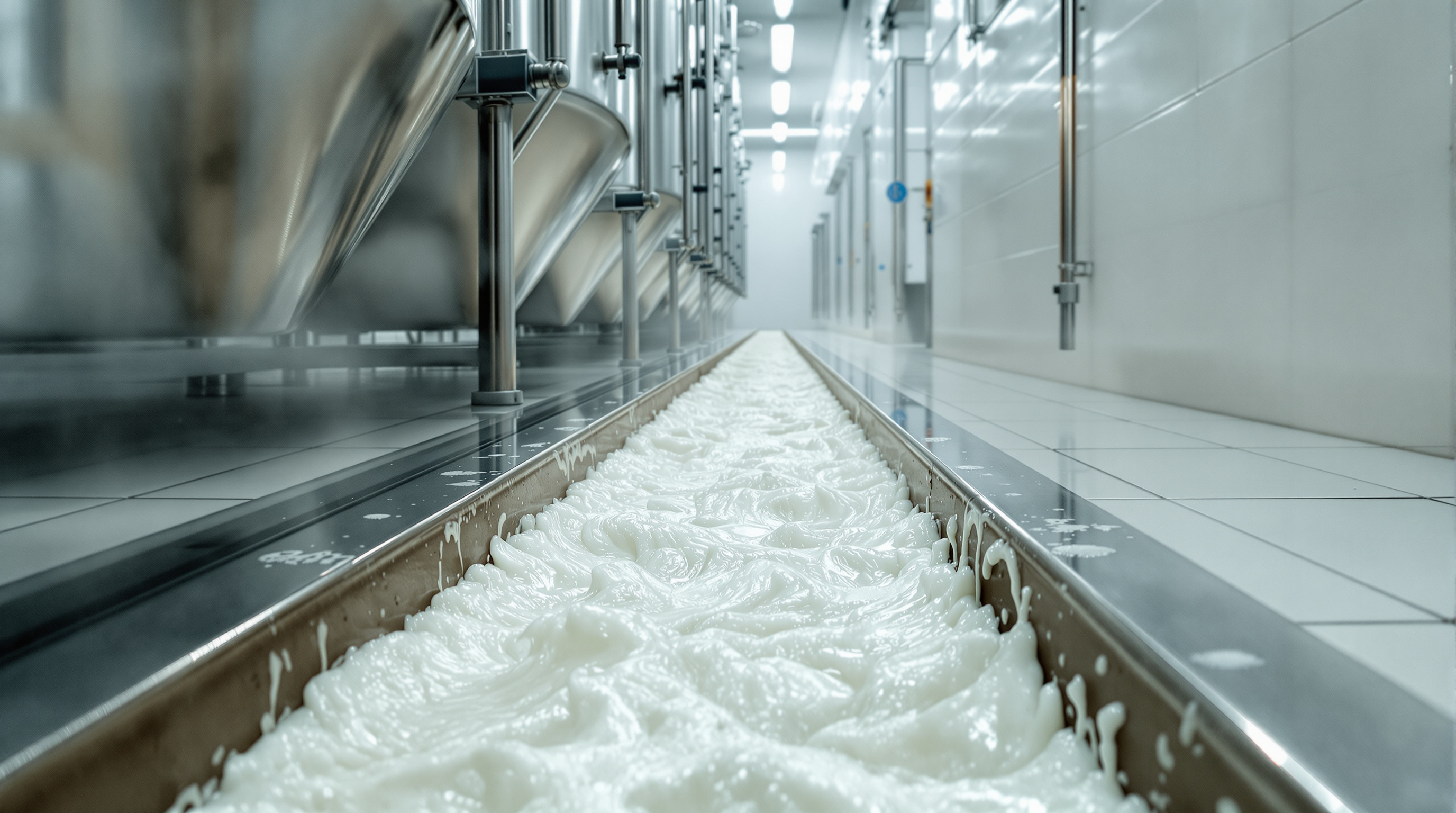Milky white dairy processing effluent frothing into a floor drain channel inside an Indian dairy plant