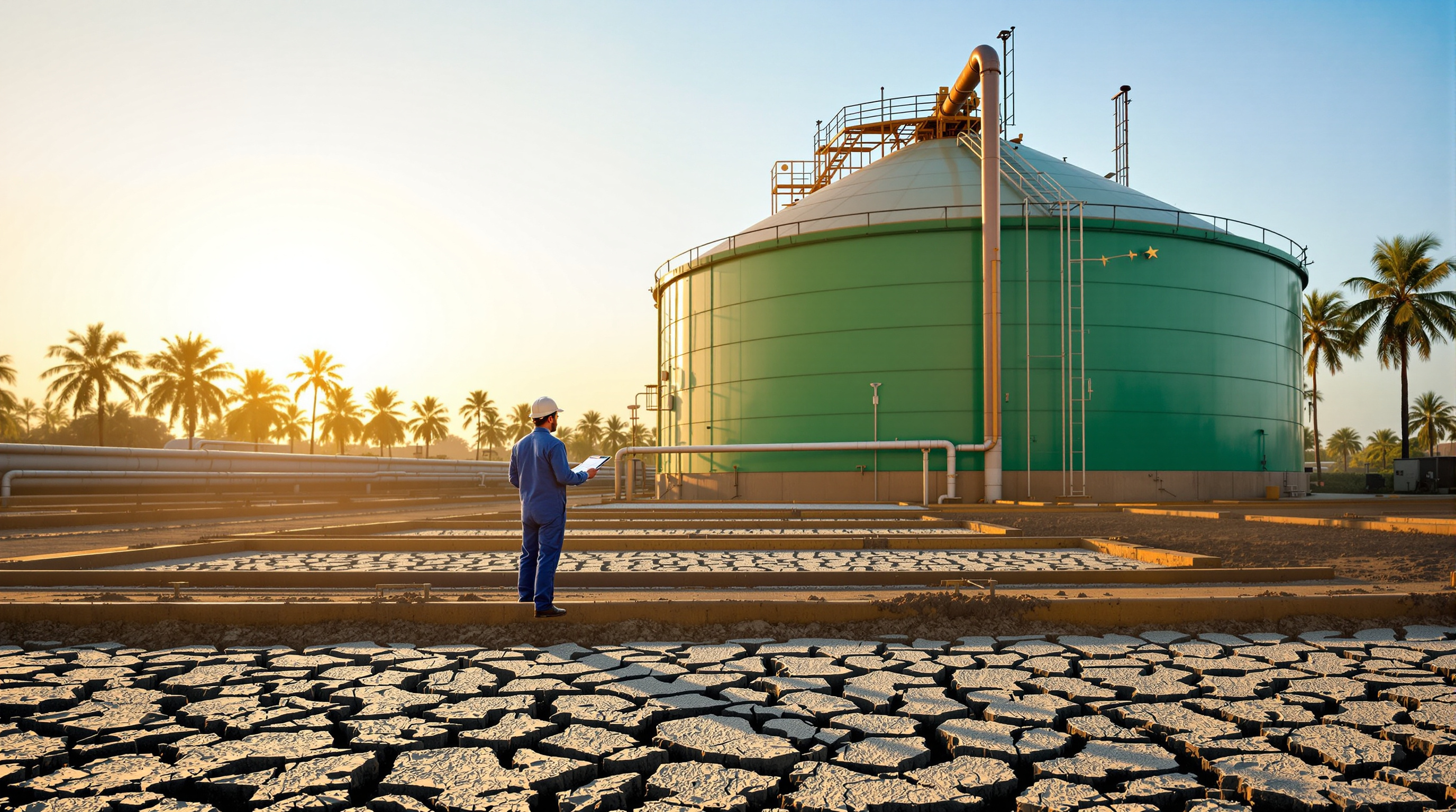 Green biogas storage dome and sludge drying beds at an Indian dairy effluent treatment plant with a technician inspecting