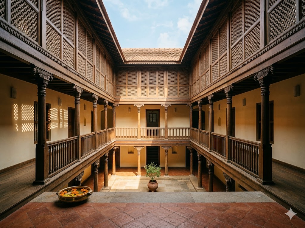 Traditional Indian courtyard home interior — diffuse daylight entering through aangan (central courtyard) and jaali screens, demonstrating vernacular daylight wisdom