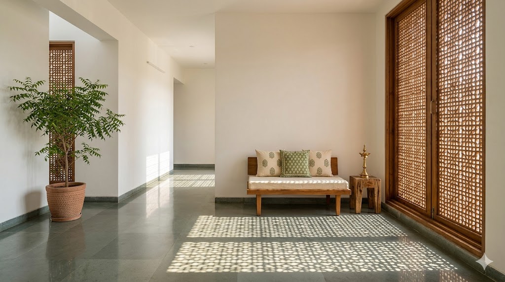 Indian residential interior bathed in soft natural daylight — high-CRI illumination from a tall window with traditional jali screen casting patterns on the floor