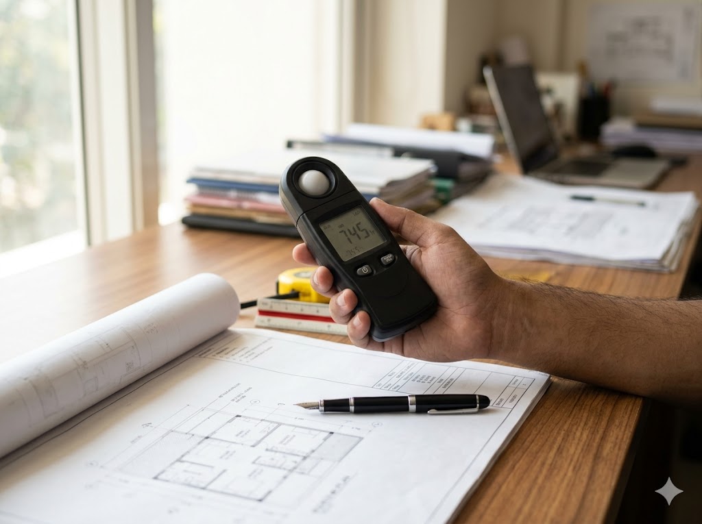 Architect measuring lux levels with a handheld lux meter on a desktop near a window — daylight verification on site