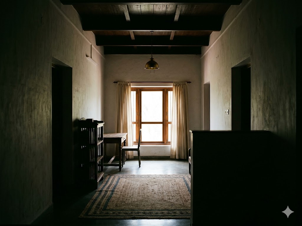 Deep room in section showing daylight falloff — bright at the window, dim at the rear wall — illustrating why room-depth-to-head-height ratio matters