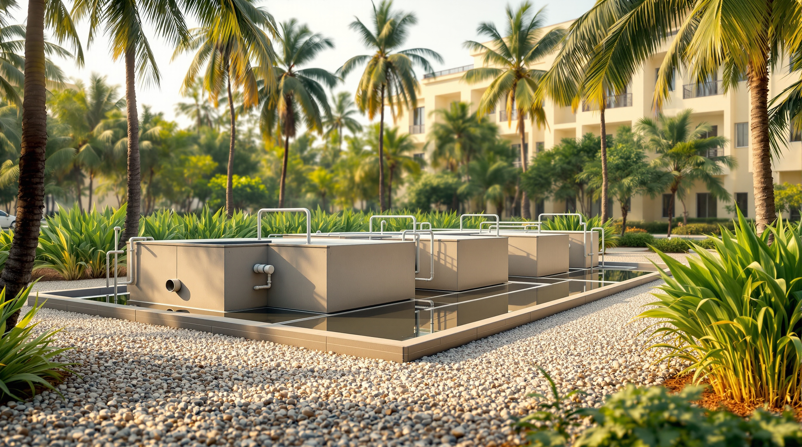 A compact decentralised wastewater treatment system with covered concrete anaerobic chambers next to a planted gravel bed beside an Indian residential campus