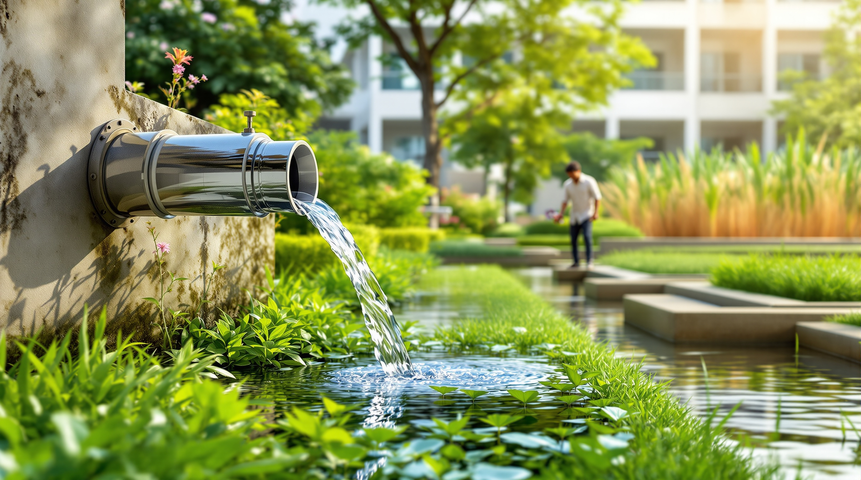 Clear treated water being used to irrigate a green landscaped garden on an Indian campus with the treatment system nearby