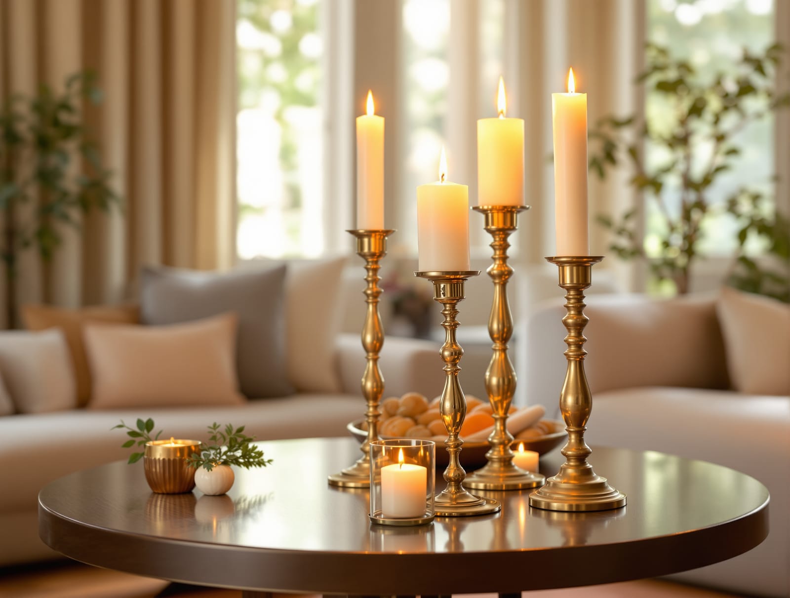 Brass candle stands with lit candles as decor in an Indian home