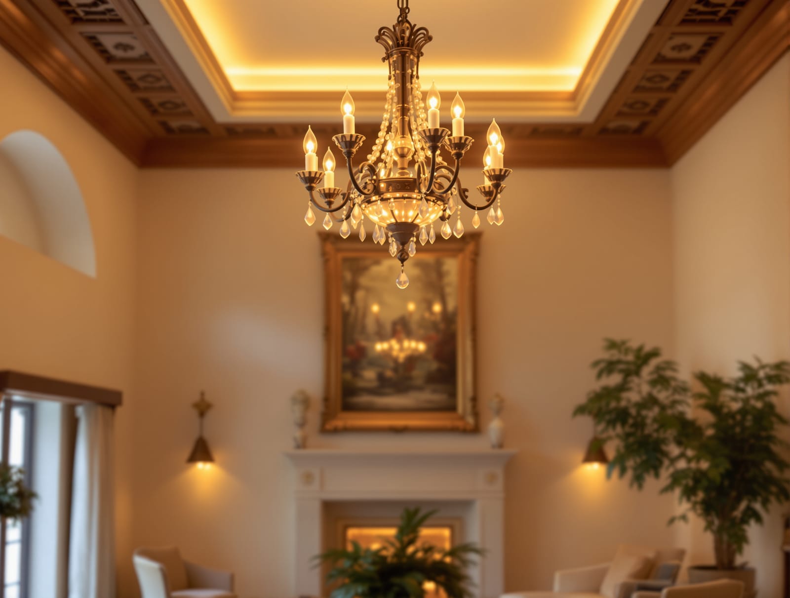 A decorative chandelier glowing in an Indian living room