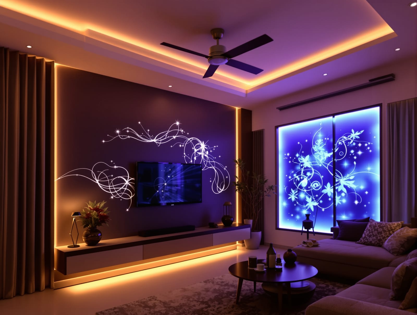 LED cove lighting and backlit wall art in a contemporary Indian living room