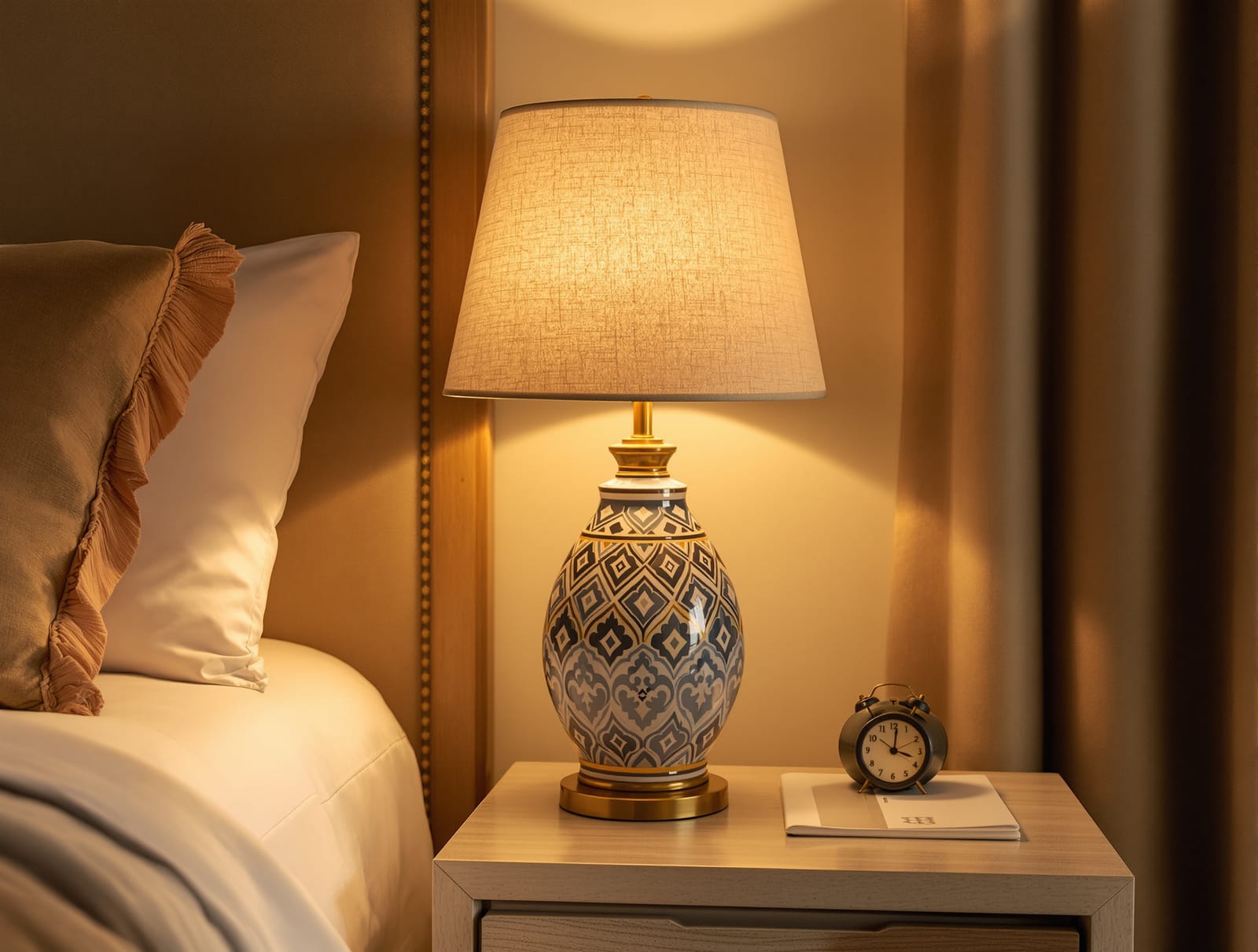 A ceramic table lamp on a bedside table in an Indian bedroom