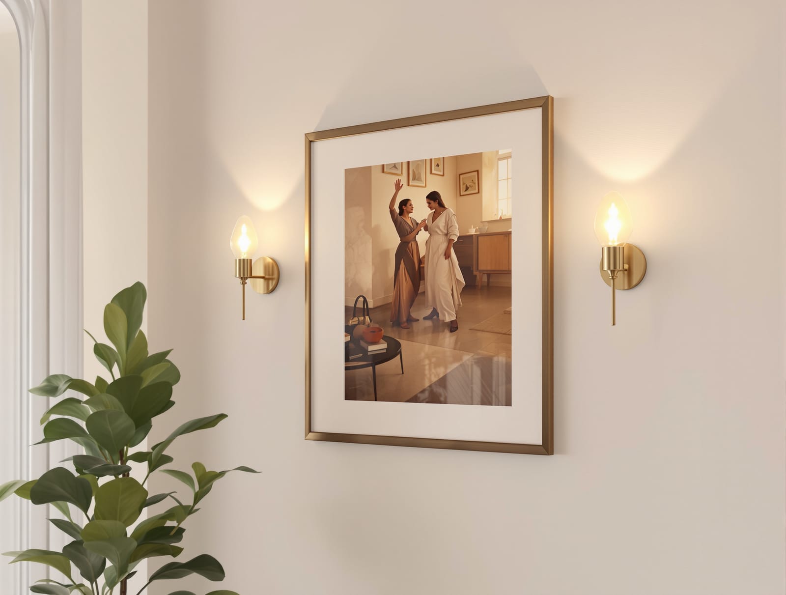 Brass wall sconces flanking art in an Indian home